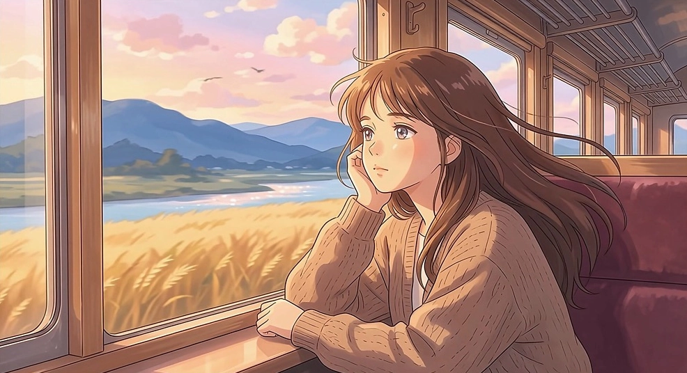 Ảnh nền anime động ghi lại cảnh quan tuyệt đẹp nhìn từ cửa sổ của một đoàn tàu đang di chuyển.