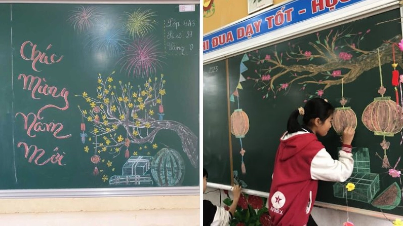 Bảng trang trí Tết với phong cảnh làng quê ngày Tết