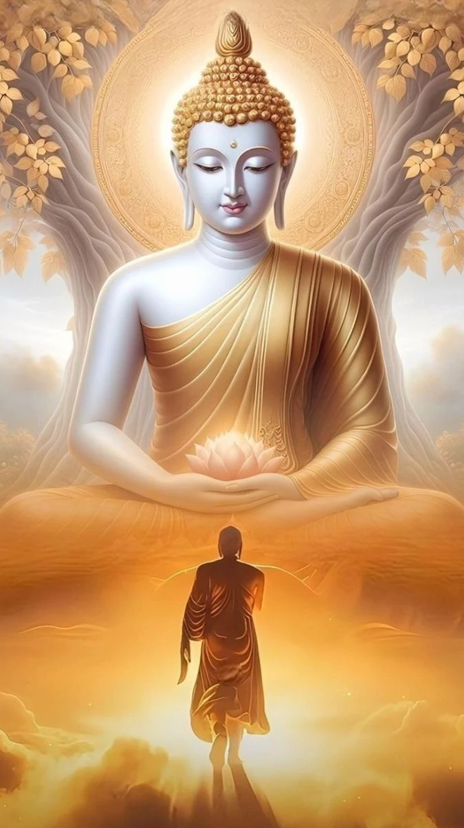 Con đường dẫn lên Phật, với hình ảnh hoa sen nở rộ hai bên, biểu trưng cho sự giác ngộ