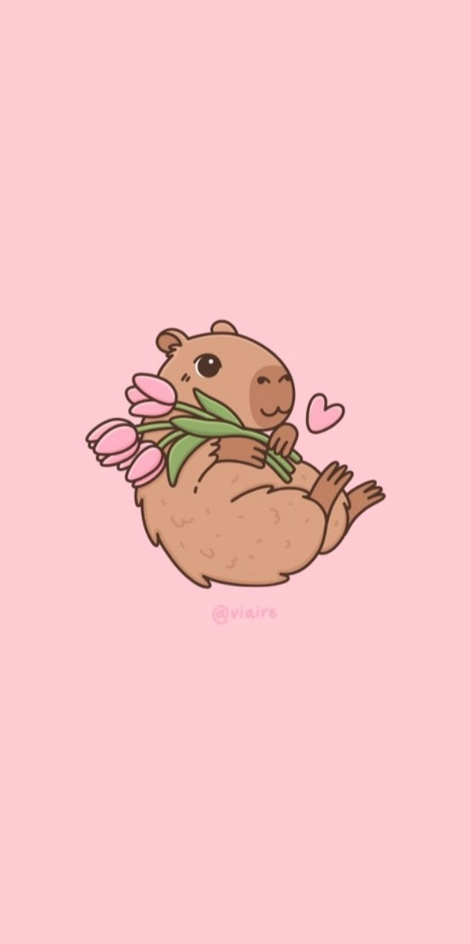 Hình nền capybara màu hồng với họa tiết trái tim dễ thương