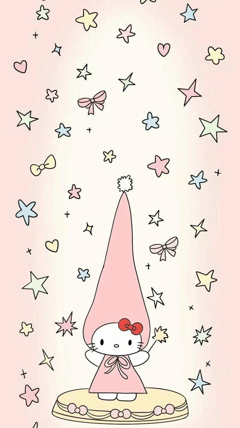 Hình nền cute Hello Kitty đang ôm một trái dâu tây đỏ mọng