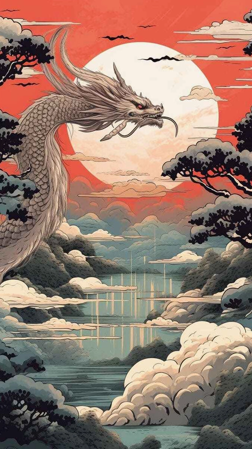 Hình nền điện thoại với hình ảnh con rồng uy nghi bên cạnh vầng trăng tròn.
