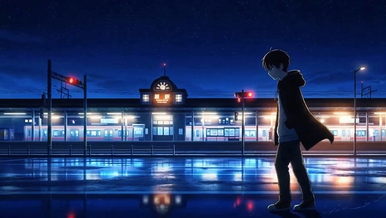 Hình nền động anime về một cậu bé cô đơn ngồi một mình trong không gian tĩnh lặng.