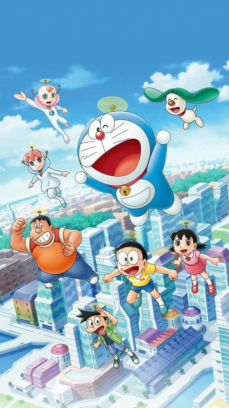 Hình nền Doraemon và Nobita đang nằm dài trên mái nhà quen thuộc.