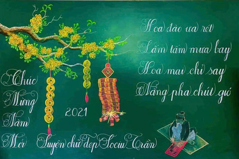 Mẫu trang trí bảng Tết với hình ảnh hoa mai, câu đối và pháo Tết rực rỡ