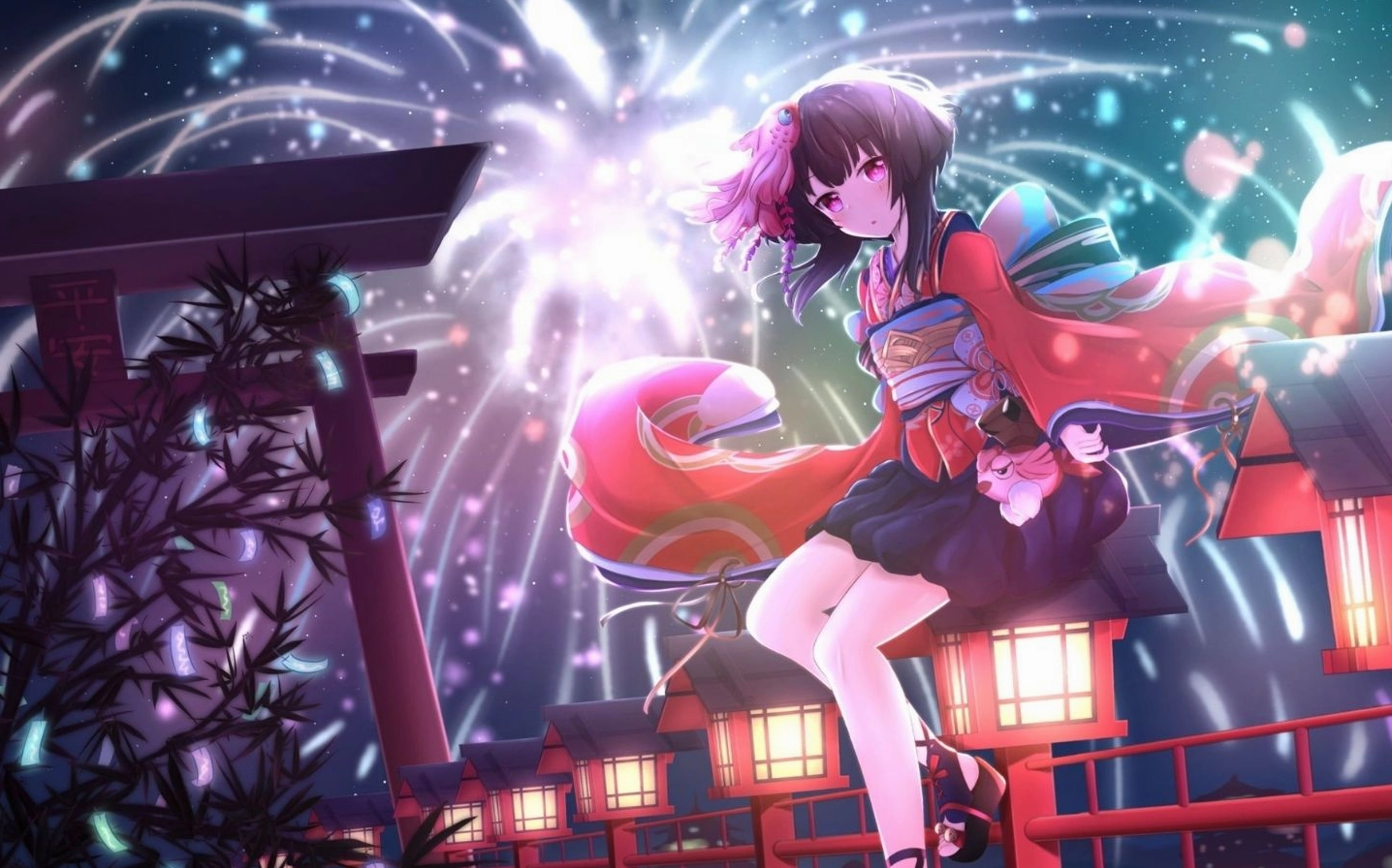 Nhân vật anime nữ xinh xắn và đáng yêu trong bộ trang phục kimono truyền thống.