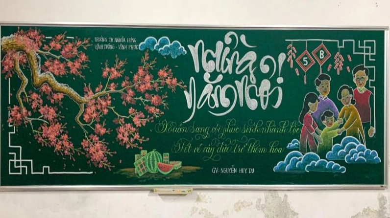 Trang trí bảng Tết sáng tạo với hình ảnh múa lân và trống hội