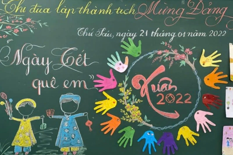 Trang trí bảng Tết với họa tiết hoa đào và những lời chúc ý nghĩa