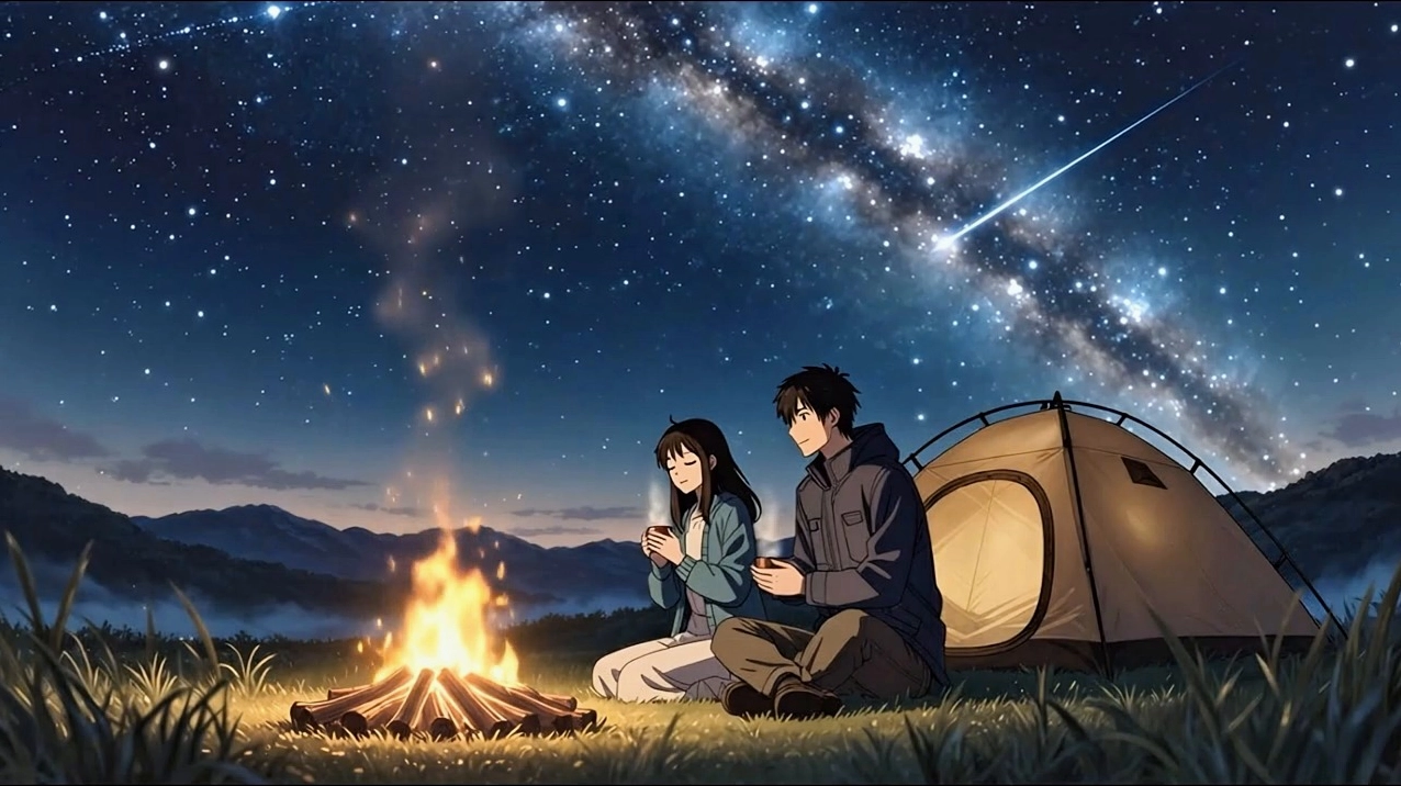 Wallpaper anime động với hình ảnh một cặp đôi đang ngồi bên đống lửa trại ấm áp giữa đêm tĩnh lặng.